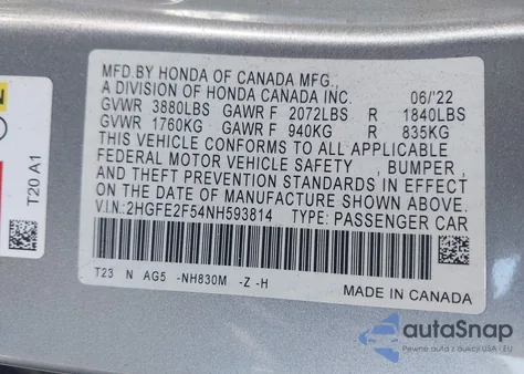 2022 Honda Civic Sport из США, поврежденный, VIN 2HGFE2F54NH593814